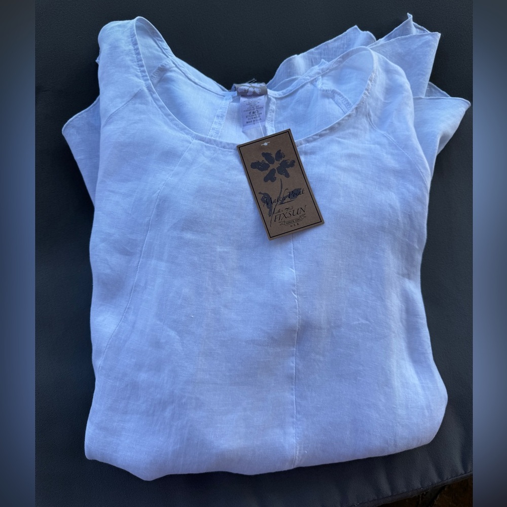 Match Point La Fixsun 100% Linen White Ruffle Hem Tunic Top L Lagenlook Made USA - Picture 11 of 11